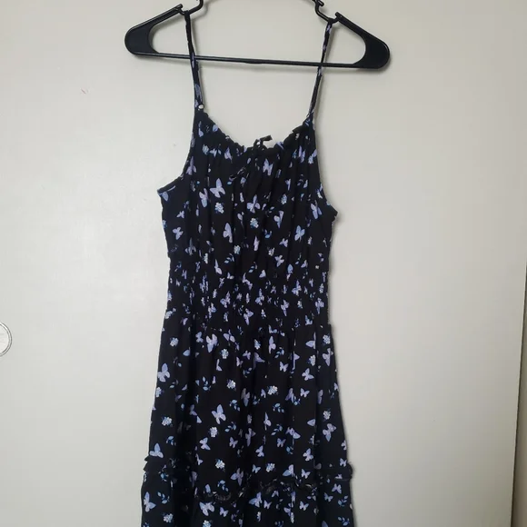 black dress with blue butterflies Long Butterfly Print Two Piece Prom Dress Black main image 1